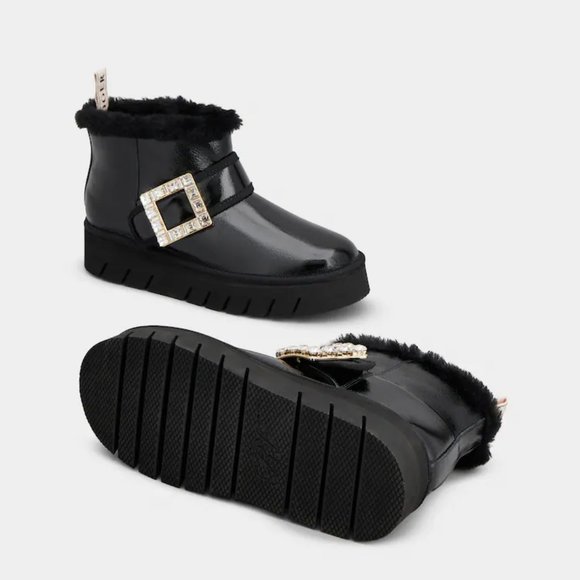 Roger Vivier Viv' Winter Fur Strass Buckle Black Patent Leather Ankle Boots EU41 - Picture 9 of 13